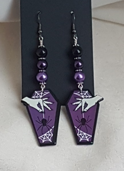 Creepy Cute Purple Spider Coffin Earrings - Gun Metal Tone Ear Wires